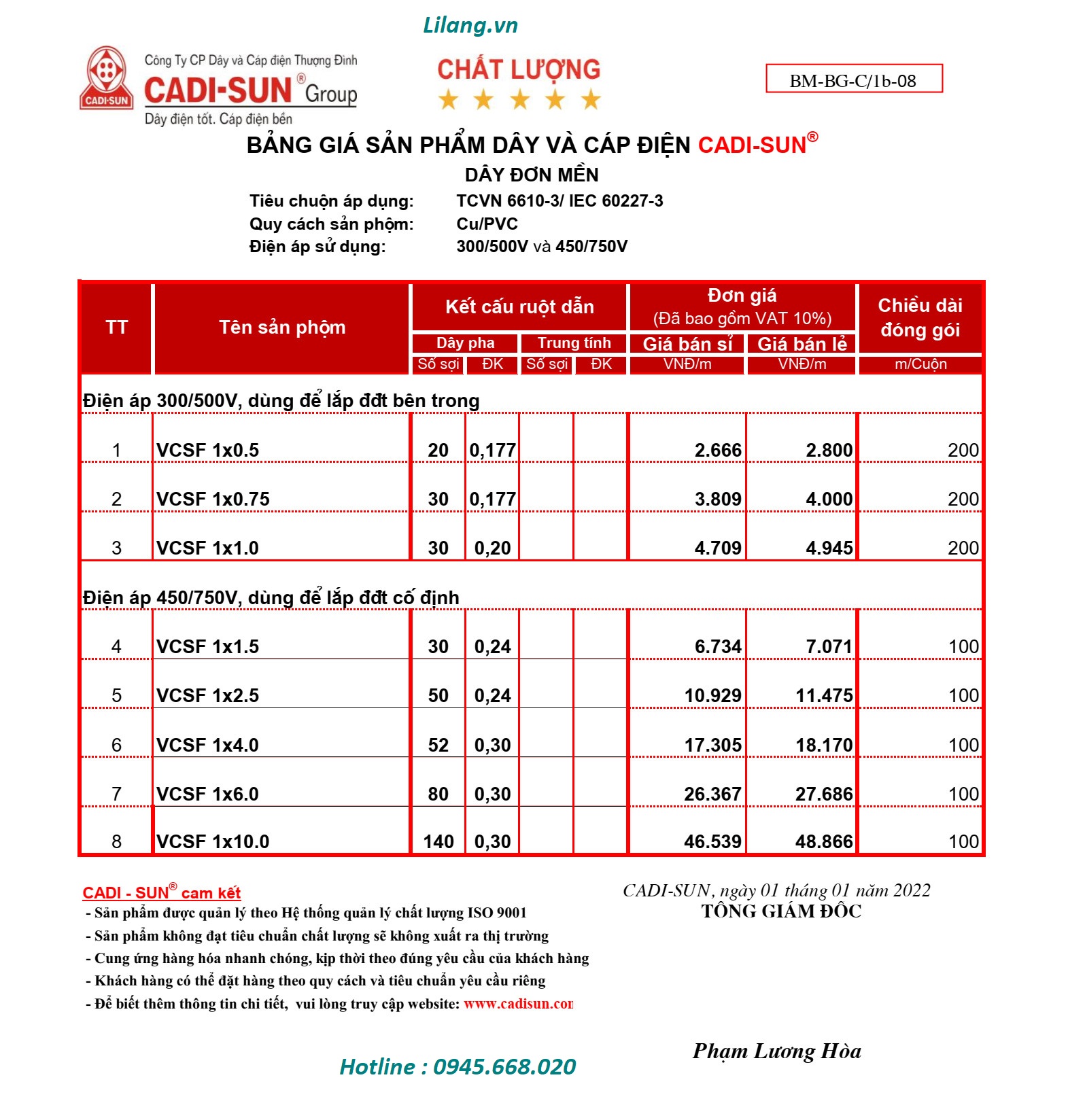 Bang Gia Day Dơn Mem Cadisun 2023